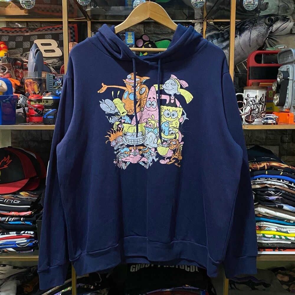 Nickelodeon Mens Classic Nicktoons Mashup Graphic Hoodie Navy Blue Size XL